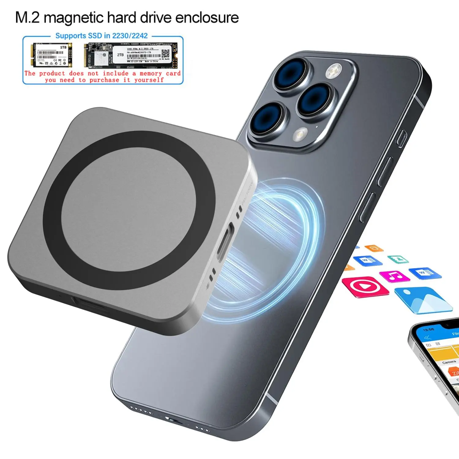 M.2 Magnetic Portable Hard Drive, Mobile Photo Information Backup Storage Drive, External Hard Drive Case for Apple iPhone 15 Pro & Above, External Data Storage
