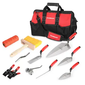 Goldblatt 12Pack Masonry Hand Tool Set Organized in Tool Bag - Philadelphia/Pointing/Margin/Tuck Pointing Trowel, Skate Wheel Joint Raker, Convex Brick Jointer, String Line & Jag-clamp, Masonry Brush