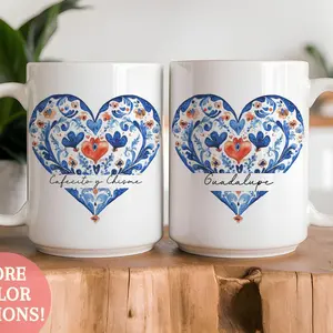 Custom Cafecito and Chisme Mug, Cafecito y Chisme Mexican Cup, Funny Heart Coffee Mug, Hispanic Gift, Personalized Name Talavera Latina Gift