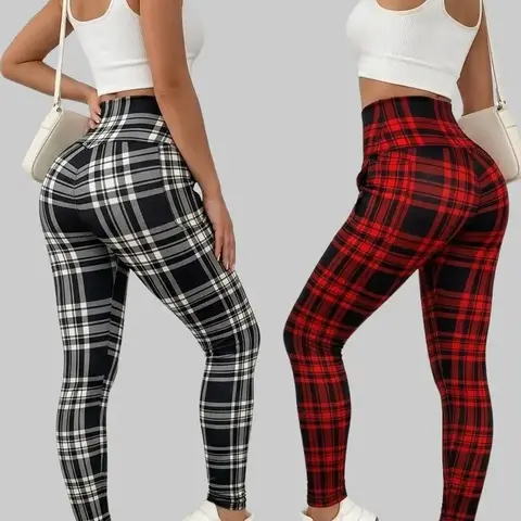 Women's High-Waisted Plaid Yoga Leggings - Stretch Fabric Activewear with Pockets, Butt-Lifting, Tummy-Tucking, All-Season Bottoms for Workouts & Everyday Wear