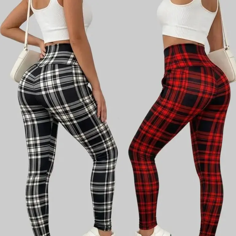 Women's High-Waisted Plaid Yoga Leggings - Stretch Fabric Activewear with Pockets, Butt-Lifting, Tummy-Tucking, All-Season Bottoms for Workouts & Everyday Wear
