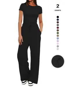 Women's Spring Summer Casual Set, Round Neck Short Sleeve Top & Wide Leg Pants, Slim Fit Home Wear, 2 Piece, Ruched Design, Adjustable Drawstring