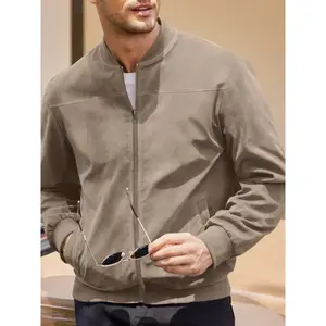 Men's Autumn Suede Fitted Long Sleeve Jacket Coat with Zipper Design, Multi-Pocket Skin-Friendly Outdoor Casual Essential for Men's Wardrobe