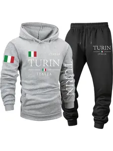 Men's Fleece 2-Piece Set, TURIN - Italy, Comfy/Breathable, Trendy, Kangaroo Pocket, Drawstring, Fall/Winter