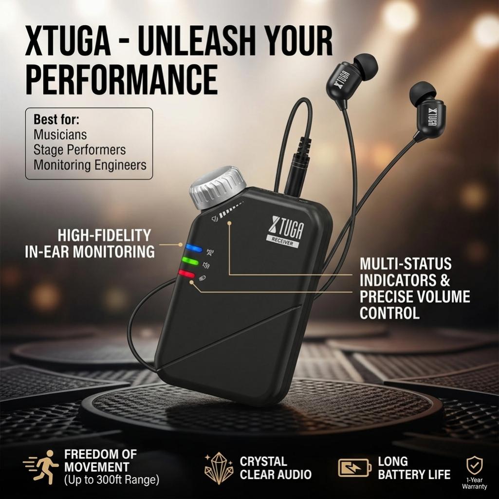 XTUGA 2.4G Stereo In-Ear Wireless Monitoring Earbuds System - 1 Transmitter, 1 Receiver, Low Latency, Active Noise Cancelling, Volume Control, Stable Connection, Suitable for Stages, Live Recording, Vocals, Guitars (J02S) Headphone for Audios