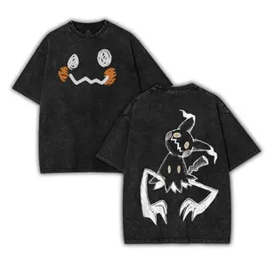 Halloween Cute Ghost Creature Double Printed Acid Washed Oversized Pure Cotton Short Sleeve Graphic Tee Unisex