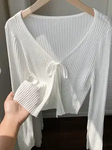 Women's Casual Spring Summer Knit Sweater Cardigan with Tie Front, Loose-Fitting Plain Open Front Jacket for Chic Style and Versatile Wear