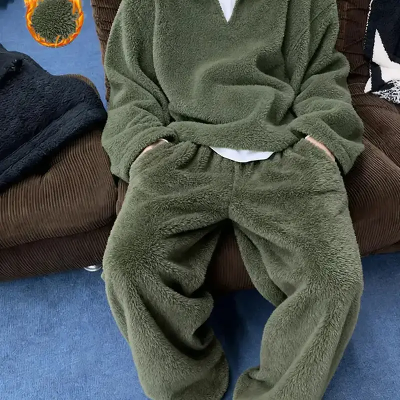 Men's Fleece Set, Lamb Fur Set, Homeewear Set, Sweatshirt Long Pants Set, Plush Set, Sleepwear, Pajama, Loungewear, Chenille, Embroidery