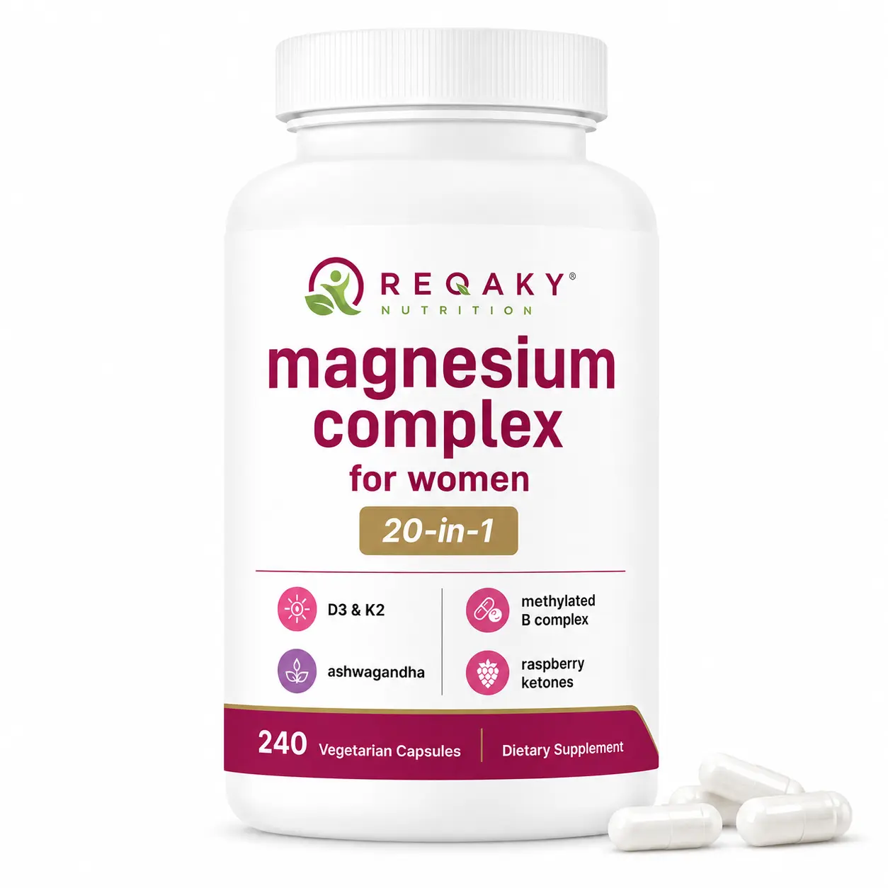 Magnesium Complex for Women with Ashwagandha, Vitamin D3 & K2 - Multi-Nutrient Capsules for Calm, Sleep & Bone Support - Non-GMO, Filler Free, 240 Vegetarian Capsules