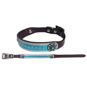 Leather Dog Collar with Metallic Teal Overlay