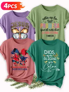 Women's Casual Short Sleeve Crew Neck Cotton T-Shirt – 4PCS Faith & Dominican Butterfly Graphic Print Set, Multicolor, Machine Washable Spring & Summer Top, Soft Skin-Friendly Fabric, Daily Versatile, Fashion Design
