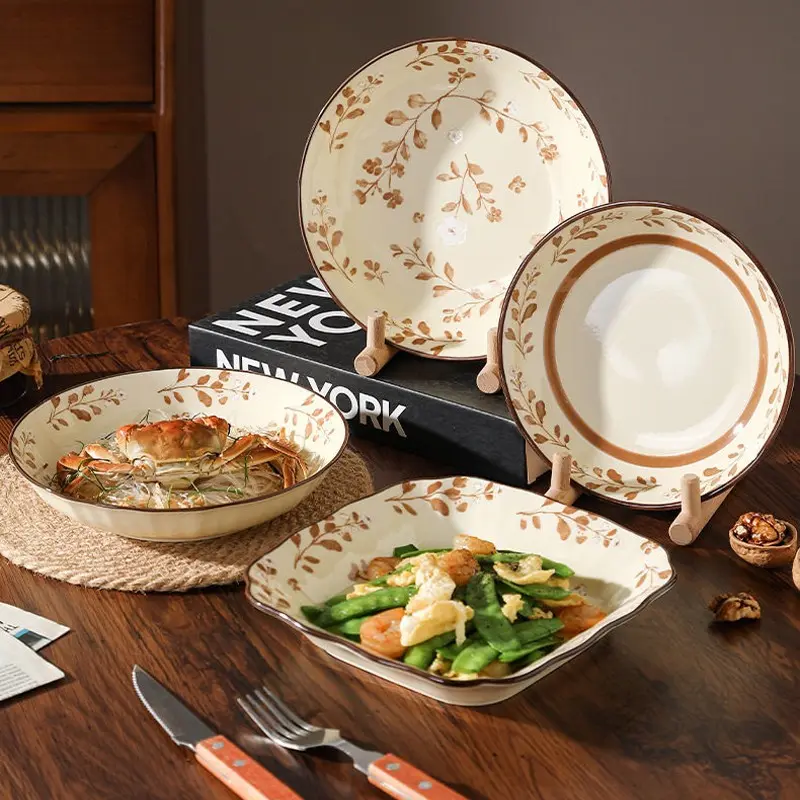 Vintage Underglaze Ceramic Plates, Deep Dinner Plates, Stylish Household Tableware, Retro Elegant Serving Plates for Home Kitchen Food Dining, Salad Serving Plates