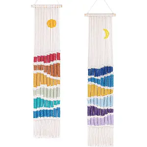 Boho Macrame Wall Hanging Decor Set, 2PCS Southwest Bohemian Handmade Woven Sun&Moon Mountain Geography Tapestry with Long Tassel, Gypsy Rainbow Ornament for Nursery Decoration Girl Christmas Gift
