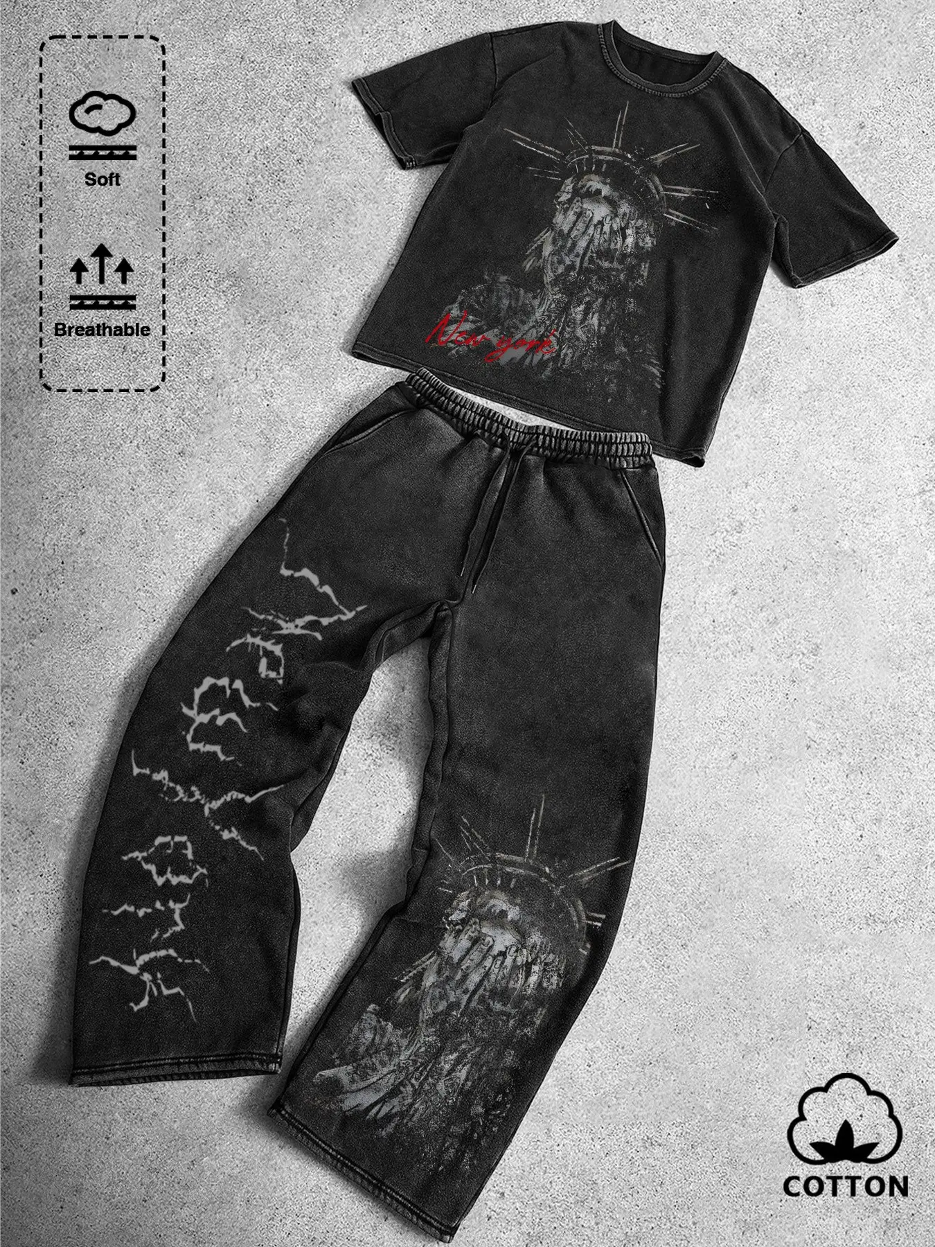 Premium Washed Black Streetwear Set - Oversized Distressed Statue of Liberty Graphic Tee & Baggy Sweatpants Co-ord, Vintage Grunge Y2K Aesthetic Two-Piece Outfit for Men Women