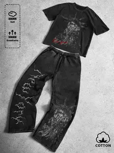 Premium Washed Black Streetwear Set - Oversized Distressed Statue of Liberty Graphic Tee & Baggy Sweatpants Co-ord, Vintage Grunge Y2K Aesthetic Two-Piece Outfit for Men Women