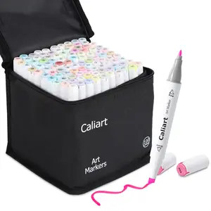 Caliart Official 100Colors Pastel Alcohol Based Art Markers Brush Tip Dual Tip Marker Set Permanent Colored Pens for Adult Coloring Book Drawing Sketch Illustration Card Making Art Supplies Craft Supplies DIY Crafts Journaling Notebook Planner Gift FS