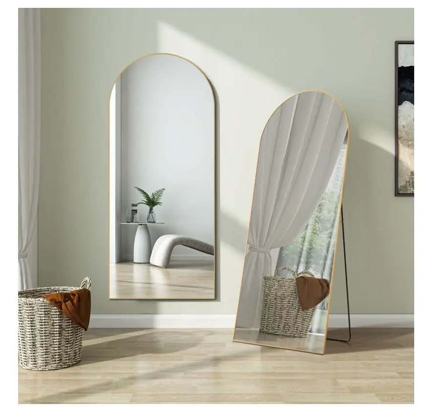 64"x21" Arched Full Length Floor Mirror with Stand , Gold