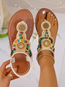 Exotic Boho Semicia Colorful Bead Decorative Slip-On Flat Sandals, Stylish Footwear for Casual Wear, Unique Design for Women, Beach Sandals, Summer, Beach Slides Sandals