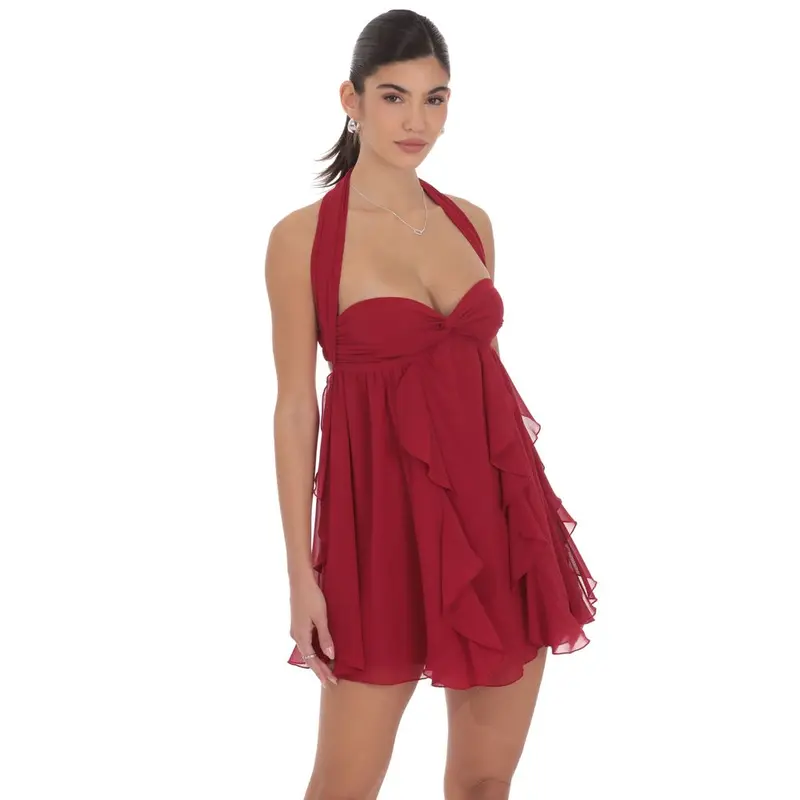 burgundy babydoll dress with black lace detailing Babydoll Homecoming Short Dress main image 0