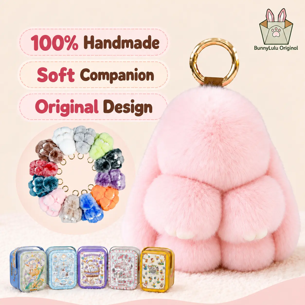 【BunnyLulu】Handmade 5.8in Floppy Bunny PomPom Keychain - Gentle Hold Bedtime Buddy Bag Charm, Collectible Tin Included, Whimsical Halloween Gift, Stress Relief Plush Craft, Cool Keychains, Car Key Accessory, Mini Purse Item, Teenage Girls Gifts