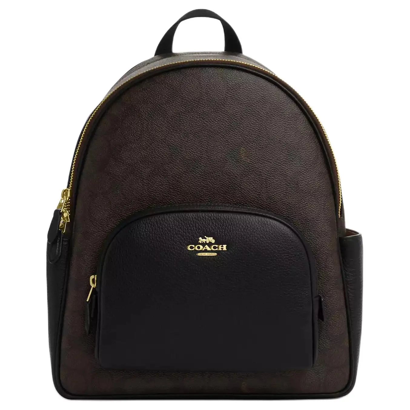 COACH Court 27 Double C Monogram Zip-Top Leather Backpack for Women, Walnut and Black