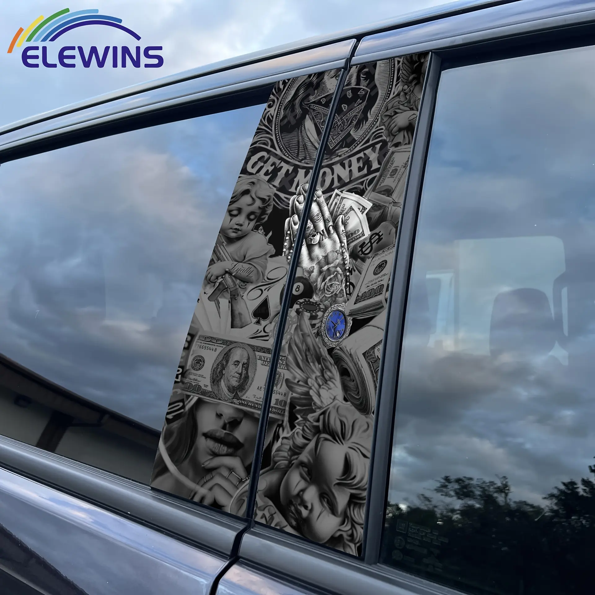 ELEWINS Get Rich Car B-Pillar Stickers, Car Decals, Graphic Decal, Car Decoration, Dream Money and Wealth Design with Dollar Bills, Jewelry and Prayer Hands, Self-Adhesive Vinyl Protective Film, DIY Mounted Exterior Accessories