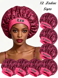 1PC Women's 12 Zodiac Sign Printing Leopard Satin Sleep Cap,Soft Wide Brim Hair Bonnet For Night Hair Protection & Comfort for All Seasons