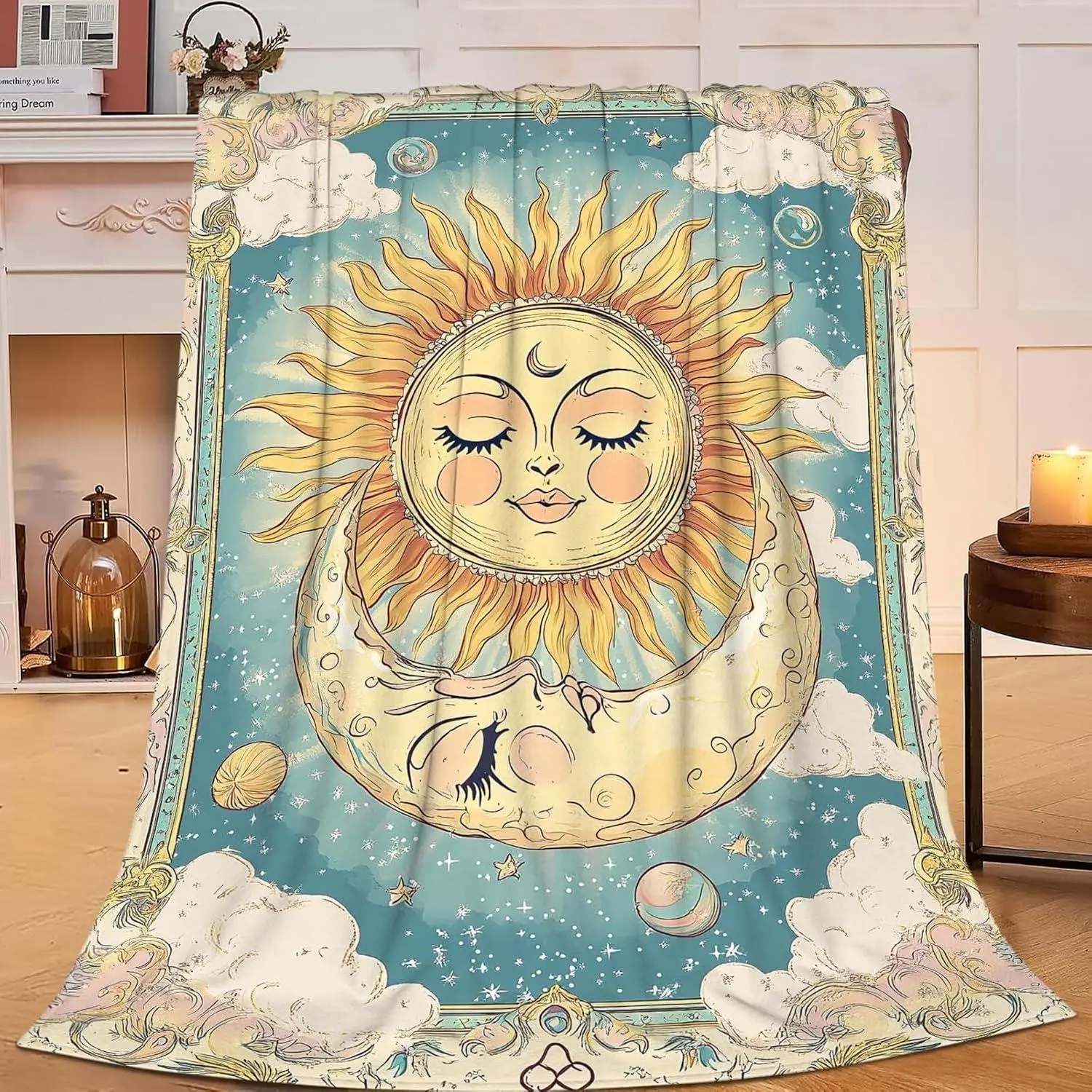 Flannel Blanket | Celestial Sun & Moon Soft Flannel Throw Blanket, Warm Cozy Fuzzy Hippie Style, Perfect Gifts For Women Men Kids Girls Boys, Ideal For Home Decor | Home & Gift