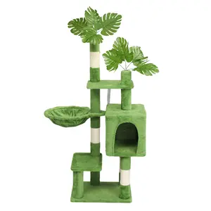 48in Plush Cat Tree with Leaves, Multi-level Cat Tower with Cat Condo, Cozy Hammock, Sisal Scratching Posts, Large Cat Pet Activity Center for Indoor Cats, Green aldifruit cattree