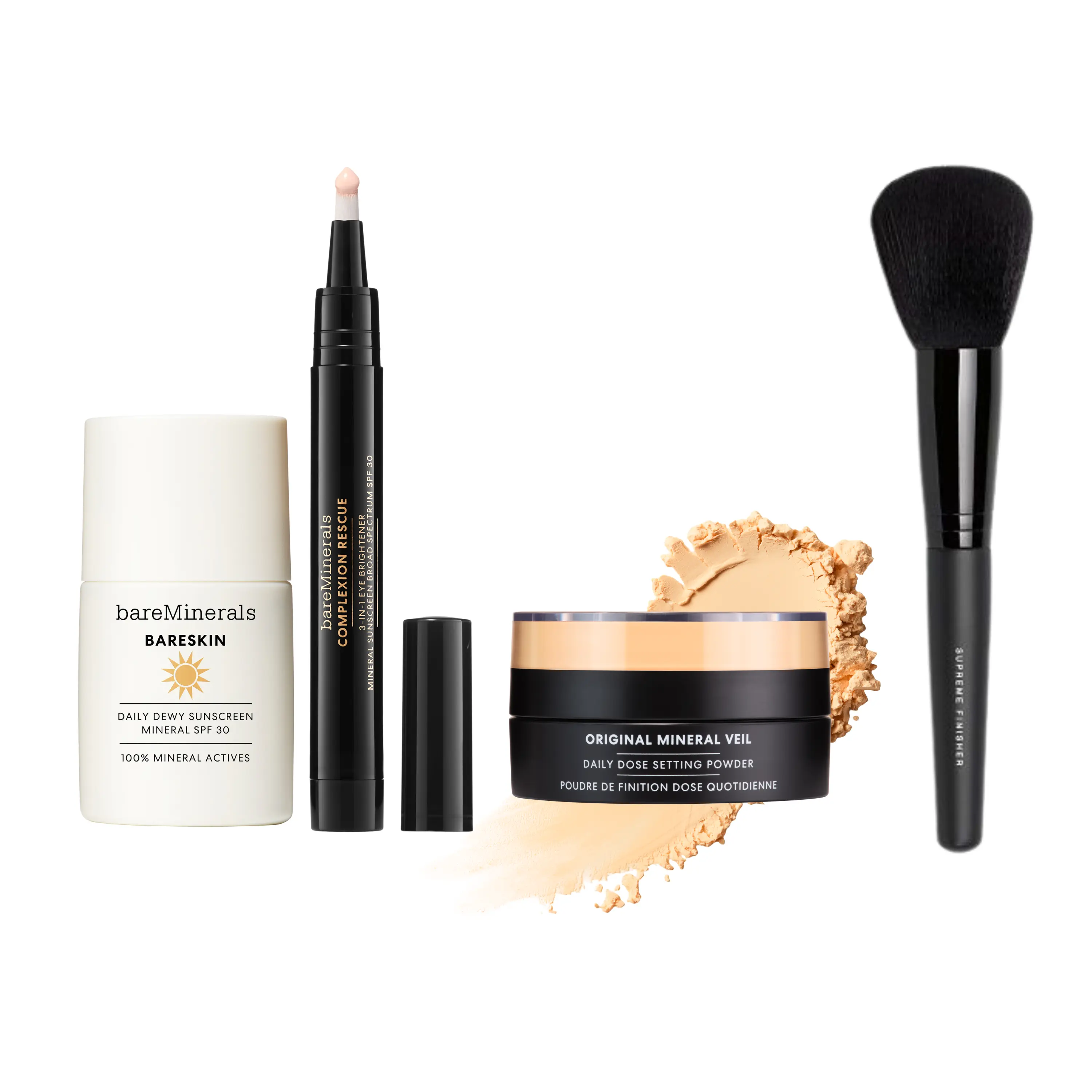 5-Minute Daily Armor Bundle: Daily Dewy Sunscreen Mineral SPF 30 + Complexion Rescue 3-in-1 Eye Brightener Mineral SPF 30 + Mineral Veil Daily Dose Loose Setting Powder + Free Supreme Finisher Brush