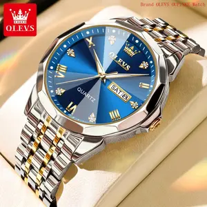 Brand OLEVS Mens Stainless Steel Watch Classic Quartz Watches For Men Gold Silver Watch Large Blue Face Men's Wrist Watches Waterproof Male Watches With Luminous Roman Numerals Date Display Watches WEM