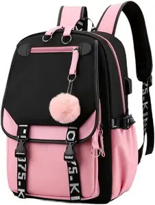 Backpack Laptop bag School Backpack for Girls Middle School Students Bookbag with USB Charging&Headphone Port (pink with black)