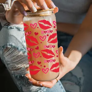 Valentines Day Coffee Mugs | V-Day Glass Cups 20oz | Cute Red Lip, Hearts & XOXO Coffee Mug with Lid & Straw | Galentines Tumbler