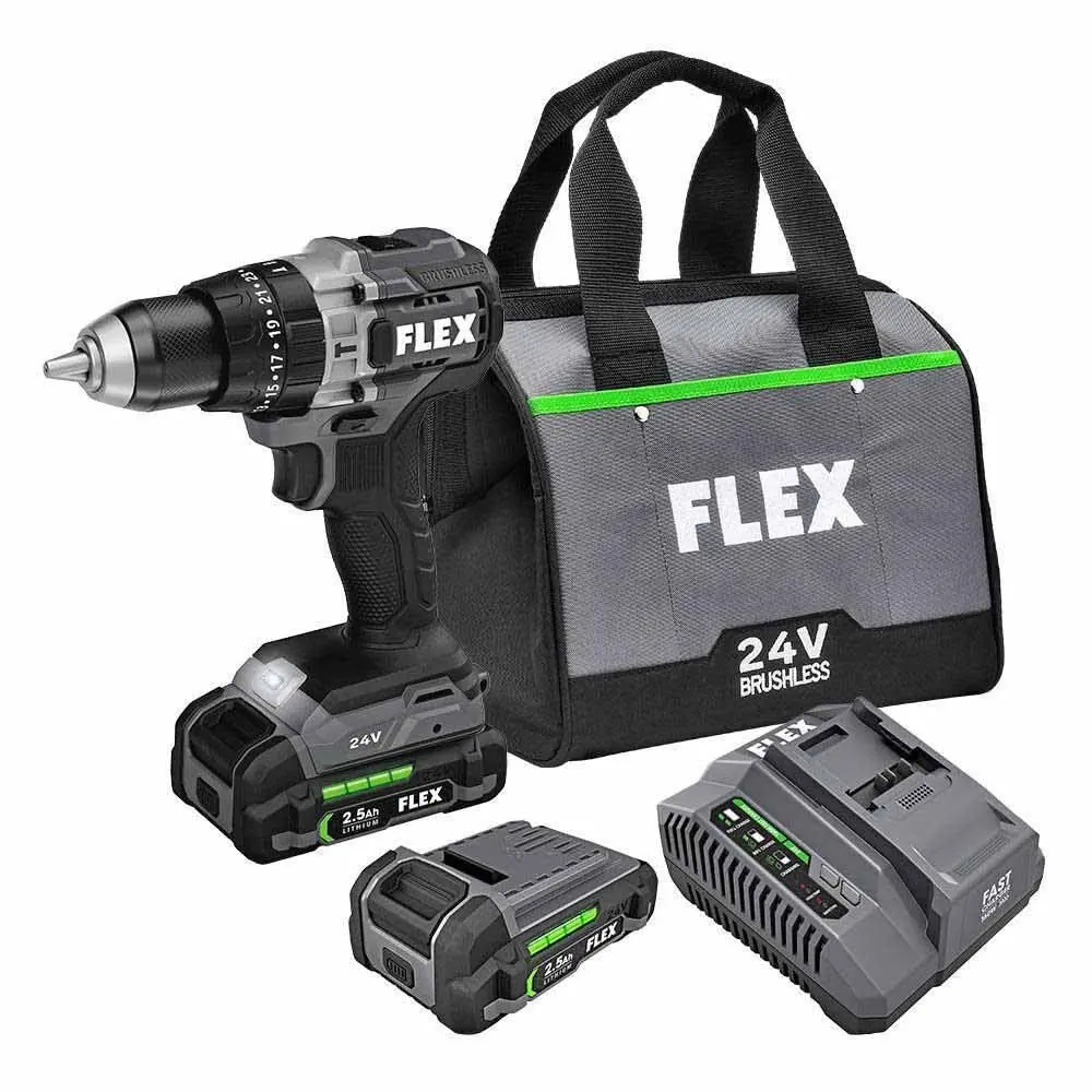 Flex FX1251-2A 24V 1/2" 2-Speed Hammer Drill Kit with Control, LED Light, Batteries, Bit Holder, Belt Clip