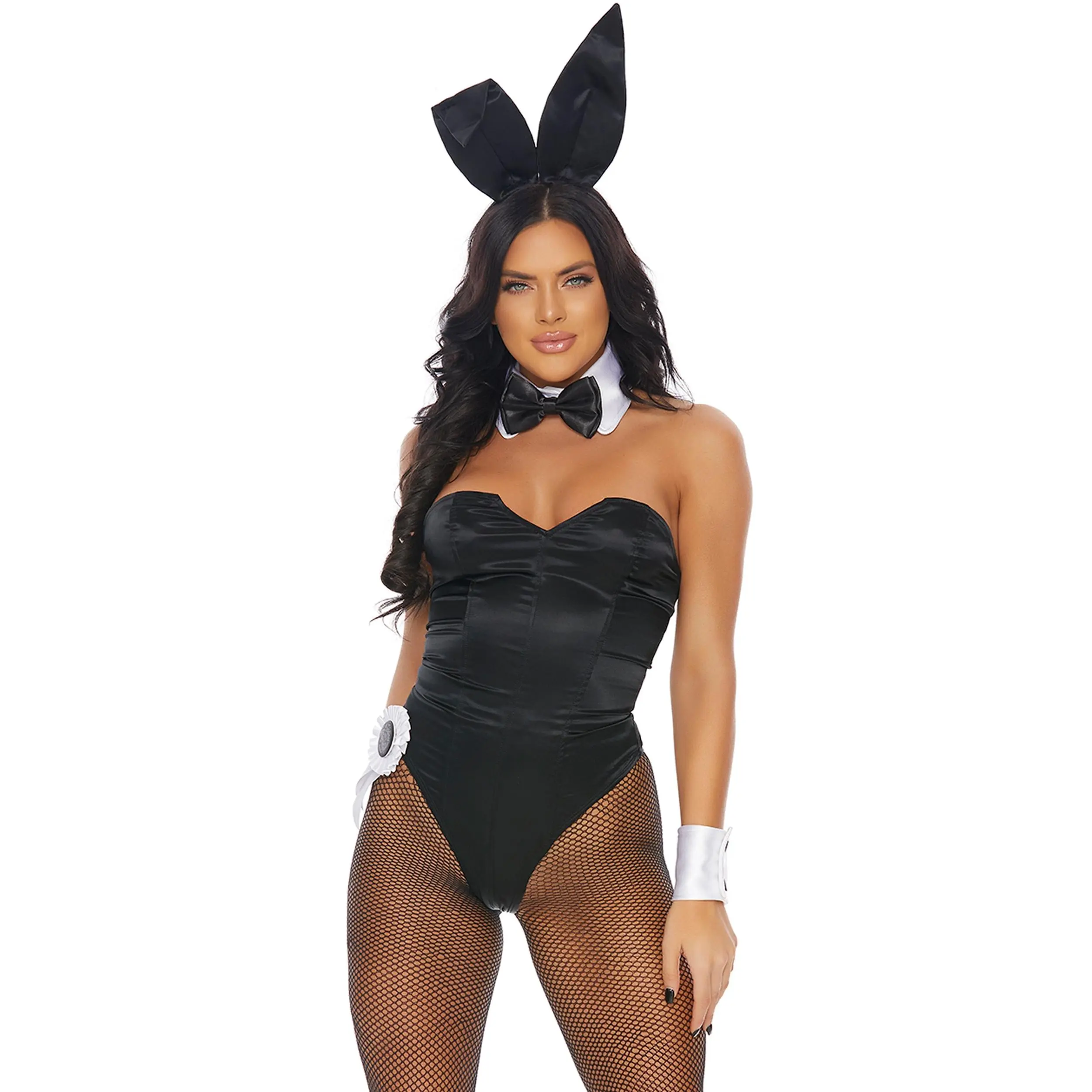 Hare Of The Month Black Bunny Women's Costume Sleek Bodysuit with Structured Fit Fluffy Tail Bunny Ears Headband Cuffs & Ribbon Neck Tie Perfect for Halloween Cosplay or Parties