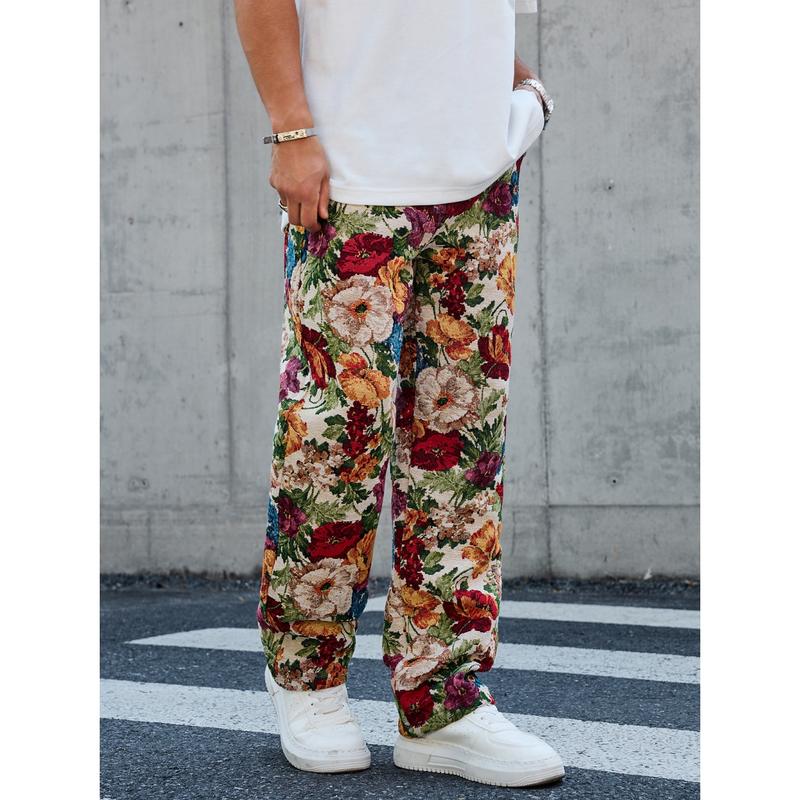 Drawstring Loose Comfortable Floral Men's Trousers with Vibrant Print Easy Fit for Everyday Wear and All-Day Comfort