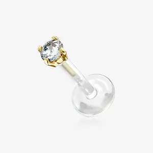14 Karat Gold Push-In Prong Set Round Gem Top Bio-Flex Labret