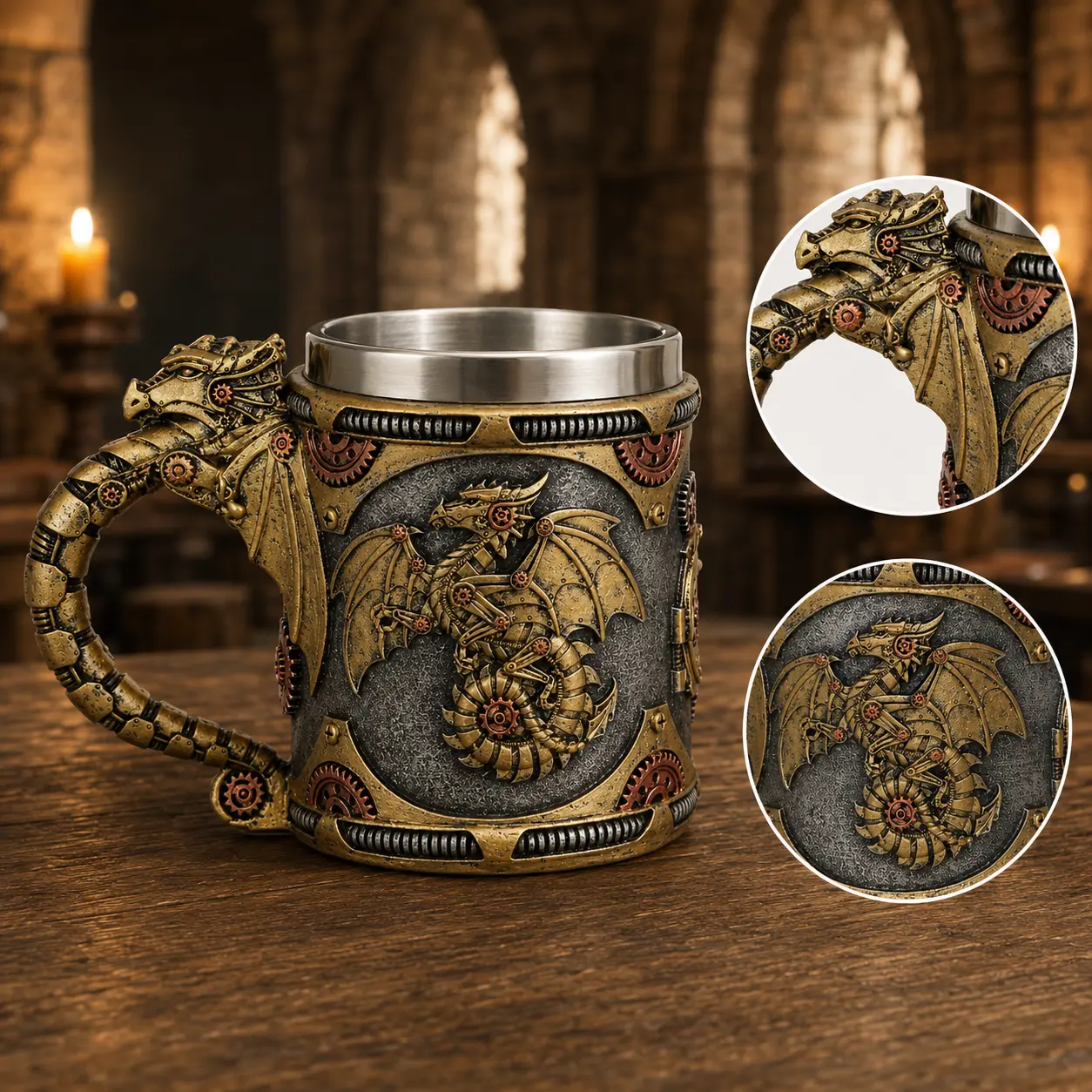The Armored Kingdom Yellow Mechanical Dragon Mug - 14 Ounce Stainless Steel Interior - Fantasy Craftsmanship - Unique Collector's Gift - Steampunk Design - Dragon Lovers & Fantasy Collectors - Drinkware, Drink Drink Drinkware Aesthetic Ancient Castle fath