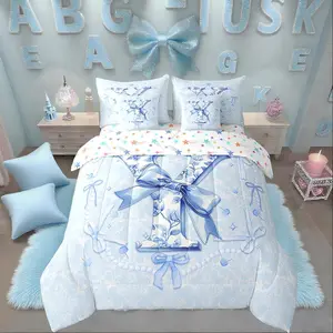 7Pcs Blue Coquette Bow Bedding Set,Coquette Bowknots Comforter Set with Sheets for Girls Kids Teens Fantasy Aesthetic Preppy Quilt Initial Y Bow Gifts for Her/Mom/Daughter(Y)