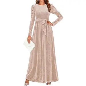 ZESICA Women's Velvet Maxi Dress, Fall 2026, Long Puff Sleeves, Crew Neck, Elastic High Waist, Formal Cocktail Party Bridesmaid Dress