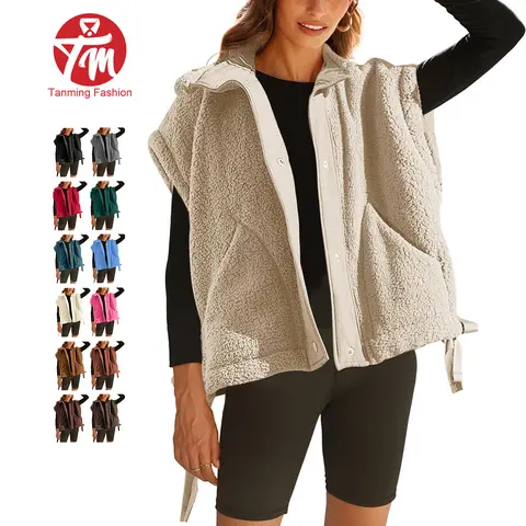 Tanming Womens Sherpa Fleece Vest Stand Collar Zip Snap Button Sleeveless Jacket Layering Outerwear with Pockets Casual Fall Winter Work School Vacation Outfits Clothing
