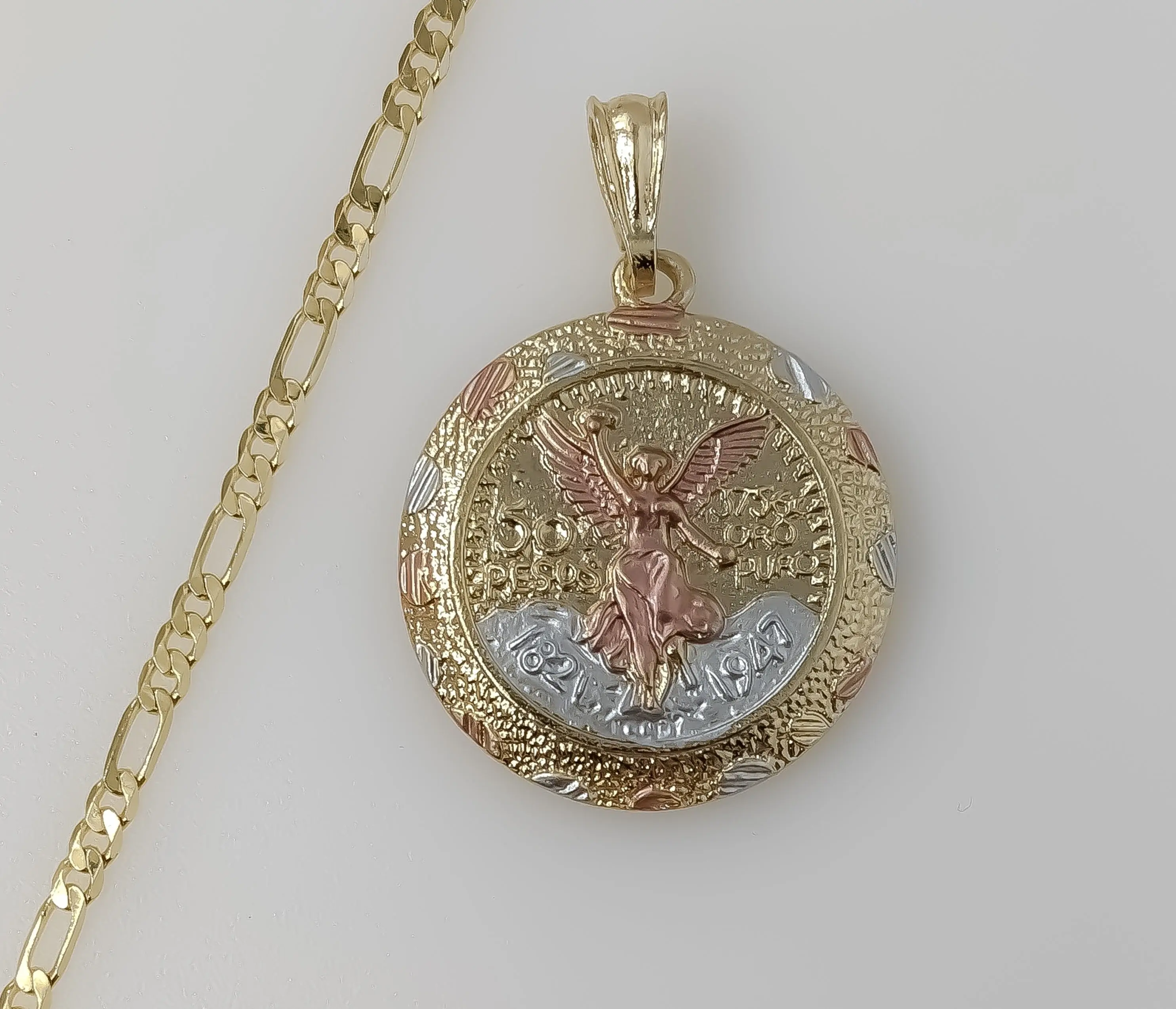 Plated Tri-Color Mexican Centenario 3mm Figaro Chain Necklace
