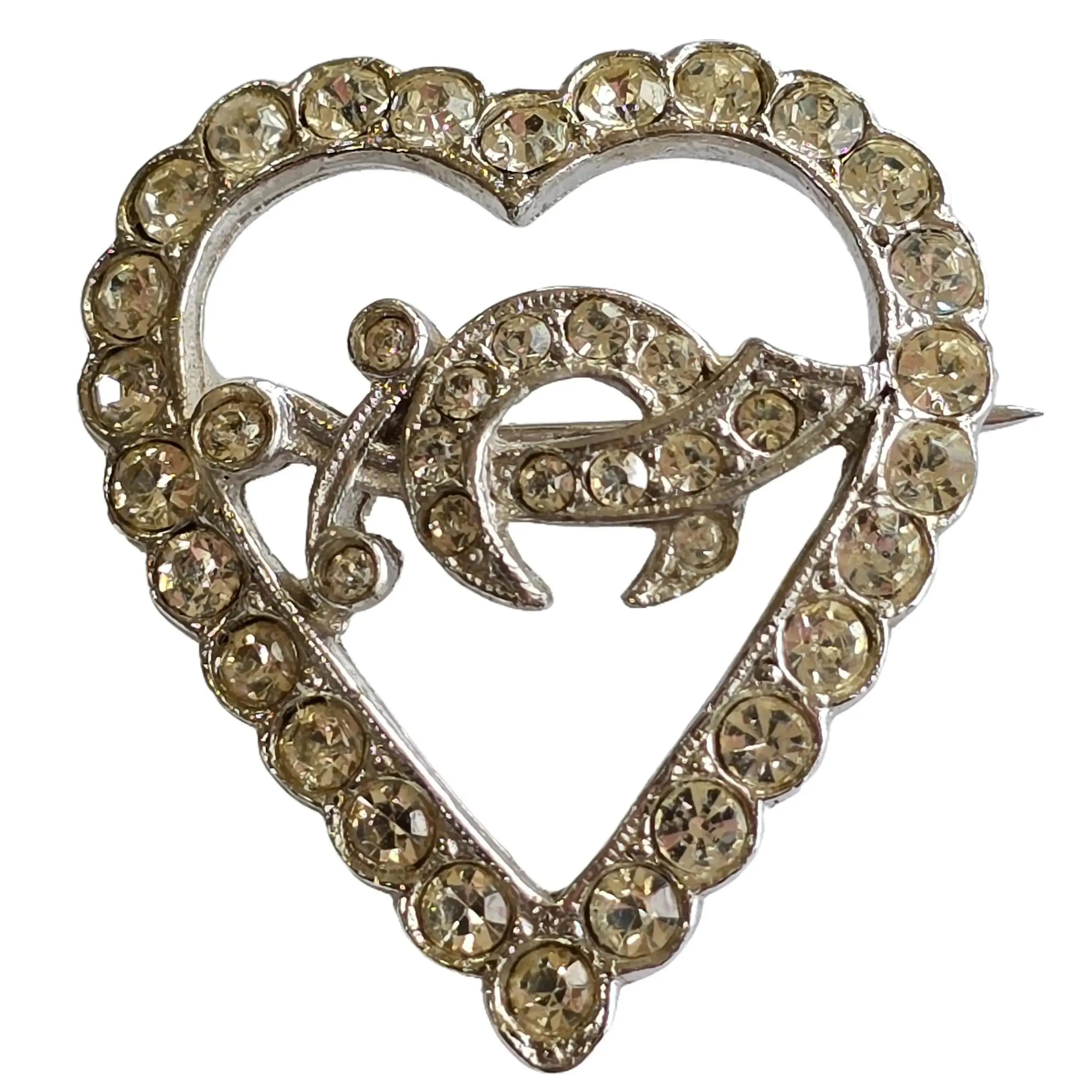Vintage Signed Ora Mid-Century Silver Tone Heart Shaped Shriner's Masonic Symbol in Rhinestone Heart Shaped Brooch Fraternal AAONMS Pin