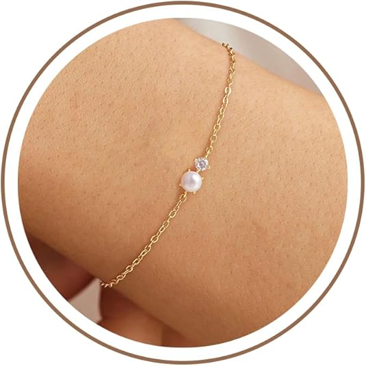Mother Day Gift  Women’s 14K Plated Pearl Bracelet – Cultured Pearls & CZ Beaded Dainty Layered Bracelet, Bridal & Bridesmaid Jewelry Gift