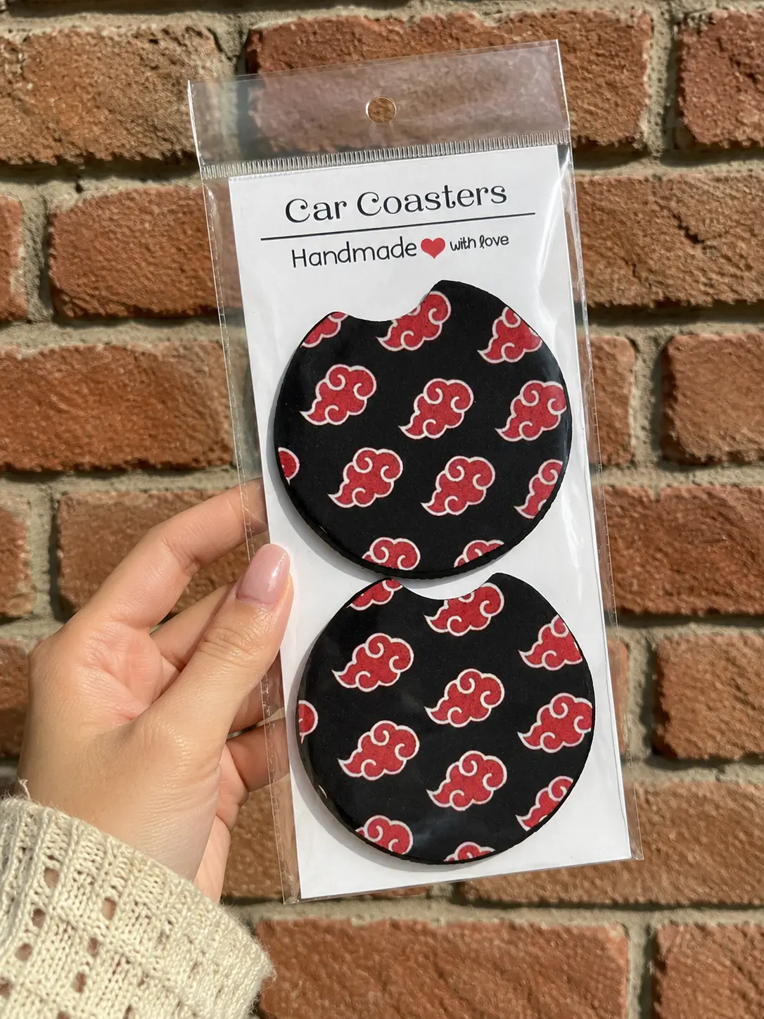 Akatsuki Anime Red Cloud Car Coasters Set of 2, Absorbent Cup Holder Inserts, Black Manga Inspired Auto Interior Accessories, Gift for Anime Fans