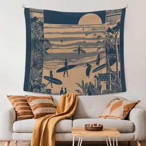 Beach Coastal Trendy Wall Tapestry, Retro Surfing Summer Ocean Wall Tapestry Hanging for Bedroom Beach House, Beachy Ocean Tapestries Wall Decor Art for Dorm Living Beachy Room 50x60in