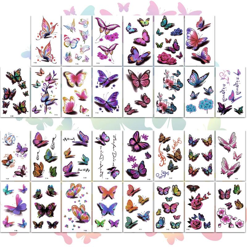 3D Butterflies and Flowers Temporary Stickers Tattoo, Colorful Body Art Tattoos for Women Kids, 126Pcs
