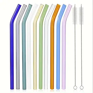 Reusable Colorful Glass Straw with Brush, 12pcs/set Including 10pcs Straw & 2 Counts Cleaning Brush, Drinkware Accessories Drinking Straw for Restaurant, Picnic, Camping