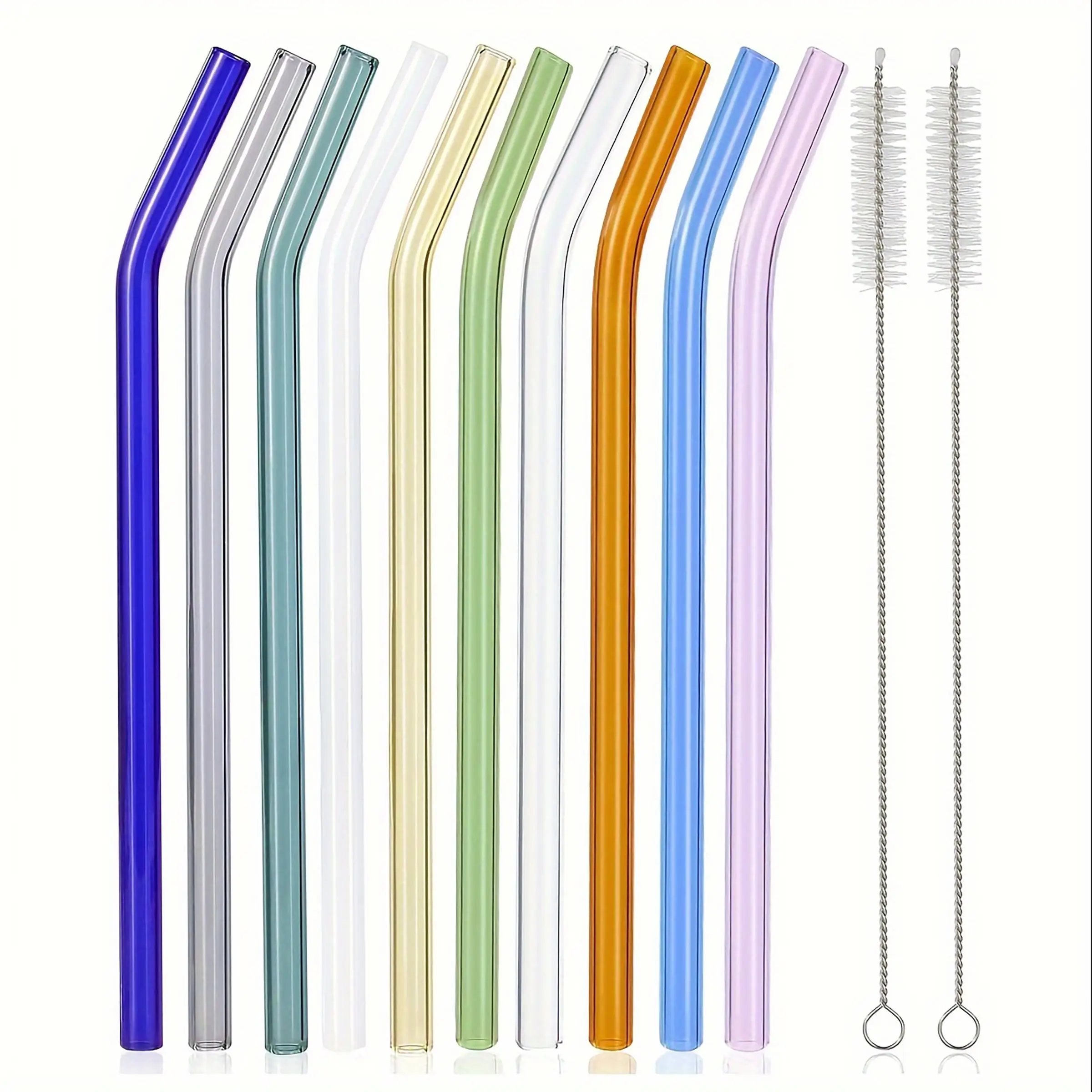 Reusable Colorful Glass Straw with Brush, 12pcs/set Including 10pcs Straw & 2 Counts Cleaning Brush, Drinkware Accessories for Restaurant, Picnic, Cam