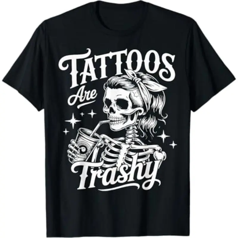 Women's Graphic T-Shirt in Soft Cotton, Casual Loose-Fit Basic Short Sleeve Top with 'Tattoos are Trashy' Print